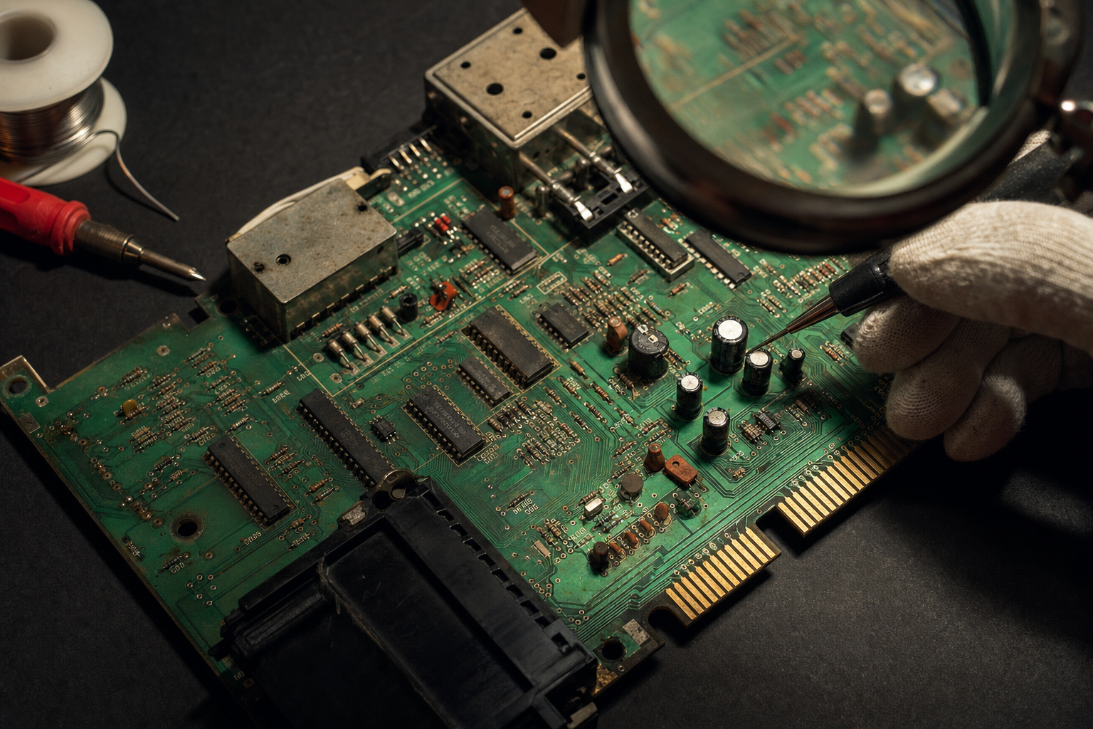 携帯ゲーム機の基板を拡大して点検する様子