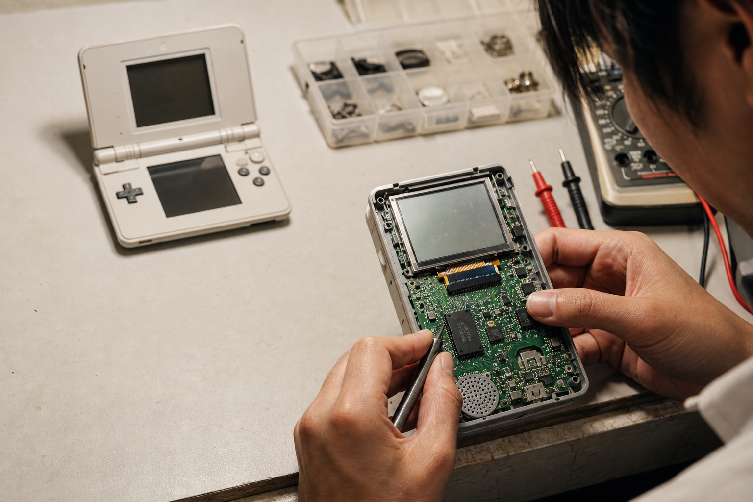 作業台で携帯ゲーム機の基板を点検する様子